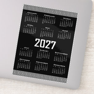 2027 Kalender, Griechisches Mäander, Weiß auf Schw Aufkleber