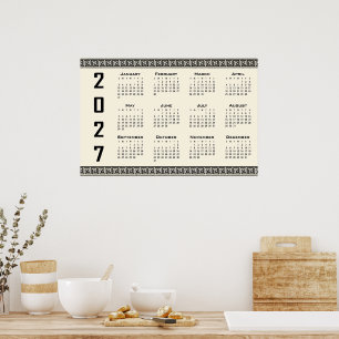 2027 Kalender, Griechisches Muster, Schwarz auf Be Poster
