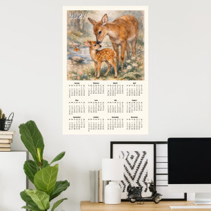 2027 Kalender - Hirsch und Reh Vintage-Aquarell Poster