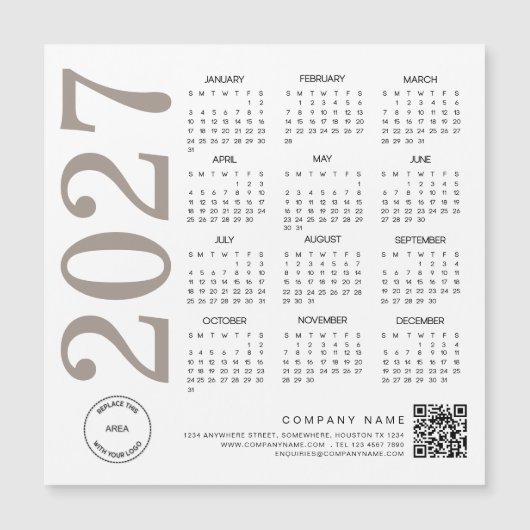 2027 Kalender Logo QR Code Neutral Beige Geschäft Magnetkarte (Vorderseite)