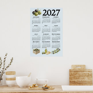 2027 Kalender, Mittelmeer Oliven, Blau Poster