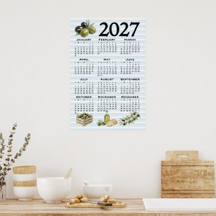 2027 Kalender, Mittelmeer Oliven, Blaue Streifen Poster