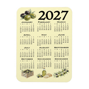 2027 Kalender, Mittelmeer Oliven, Gelb Magnet