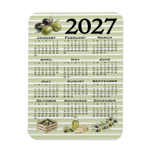 2027 Kalender, Mittelmeer Oliven, Grüne Streifen Magnet