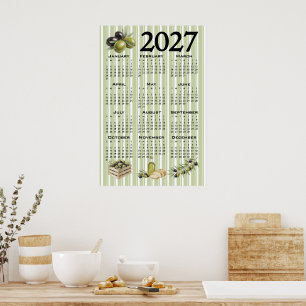 2027 Kalender, Mittelmeer Oliven, Grüne Streifen Poster
