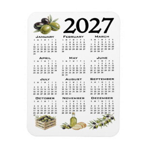 2027 Kalender, Mittelmeer Oliven, Weiß Magnet
