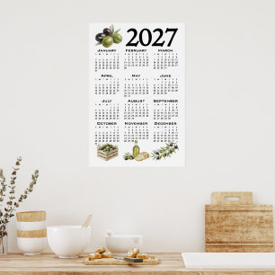 2027 Kalender, Mittelmeer Oliven, Weiß Poster