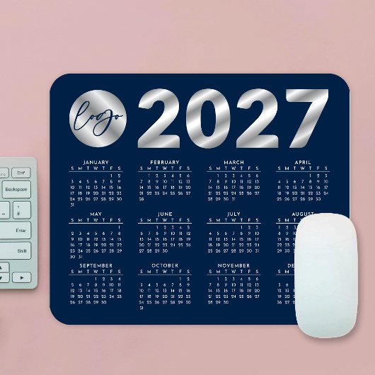2027 Kalender Navy Blau & Silber Firmenlogo Mousepad