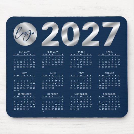 2027 Kalender Navy Blau & Silber Firmenlogo Mousepad (Vorne)