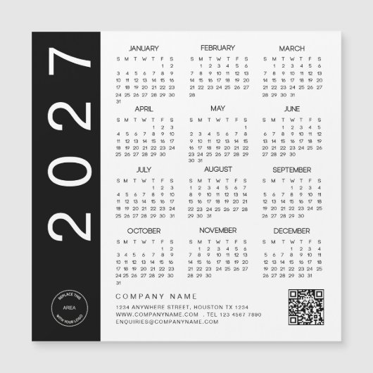 2027 Kalender Schwarzer Text QR-Code Firmenlogo Magnetkarte (Vorderseite)