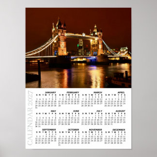 2027 London Calendar, Tower Bridge at Night / UK Poster