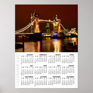 2027 London Kalender, Tower Bridge bei Nacht / UK Poster
