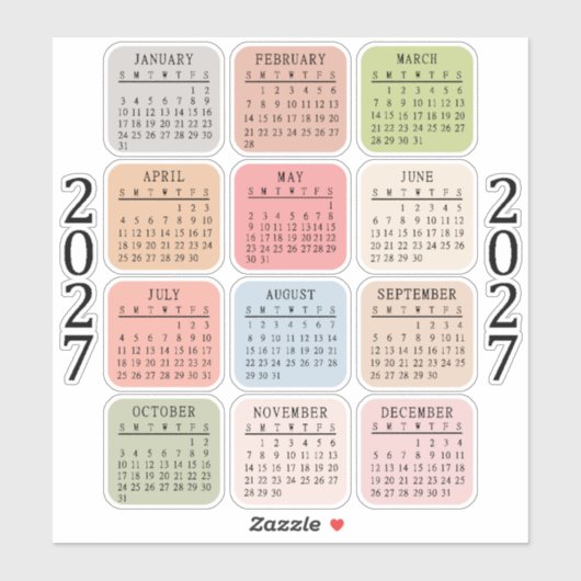 2027 Micro Calendar Pastel Color Bujo Planner Aufkleber (Blatt)