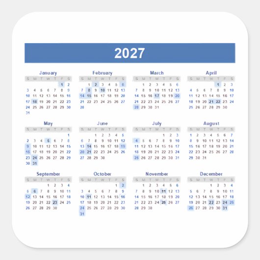 2027 Monatskalender Blaue Version Quadratischer Aufkleber (Vorderseite)