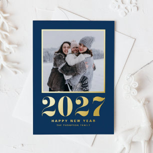 2027 Retro-Typografie Navyblau Neujahrsfoto Folien Feiertagspostkarte