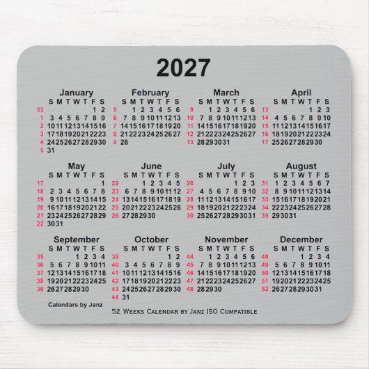 2027 Silver 52 Weeks ISO Calendar by Janz Mousepad (Vorne)
