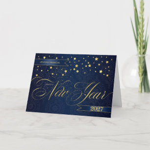 2027 Silvester Navy Blau Falsches Goldblatt Sterne Feiertagskarte