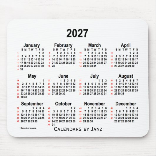 2027 Weißer 52-Wochen-Kalender von Janz Mousepad (Vorne)