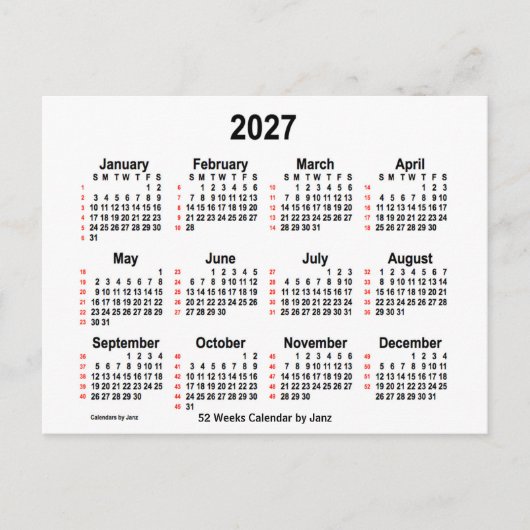 2027 Weißer 52-Wochen-Kalender von Janz Postkarte (Vorderseite)