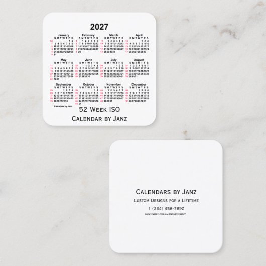 2027 White 52 Week ISO Calendar by Janz Quadratische Visitenkarte (Vorne/Hinten)