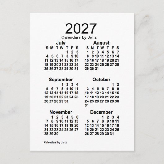 2027 White 6 Month Mini Kalender von Janz Postkarte (Vorderseite)