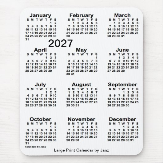 2027 White Large Print Calendar von Janz Mousepad (Vorne)