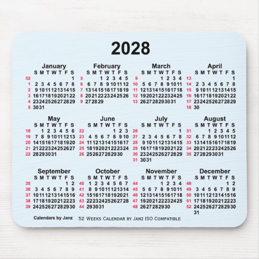 2028 Alice Blue 52 Weeks ISO Calendar by Janz Mousepad (Vorne)