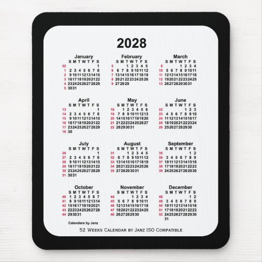 2028 Black 52 Weeks ISO Kalender von Janz Two Tone Mousepad (Vorne)