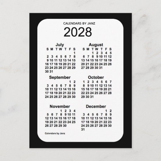 2028 Black 6 Month Mini Kalender von Janz Postkarte (Vorderseite)