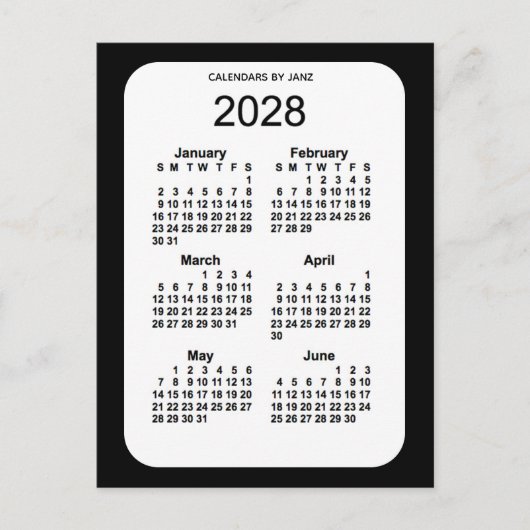 2028 Black 6 Month Mini Kalender von Janz Postkarte (Vorderseite)