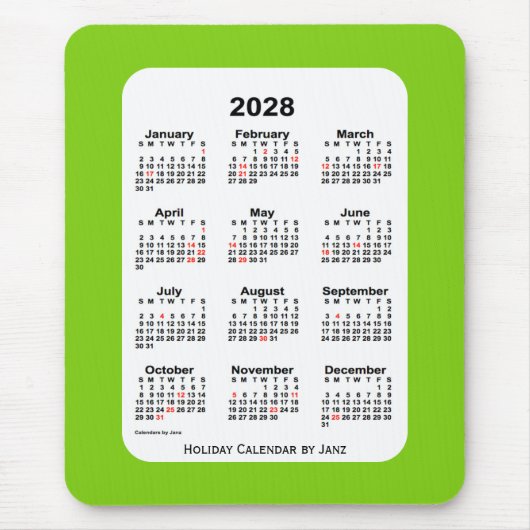 2028 Holiday Yellow Green Calendar von Janz Mousepad (Vorne)