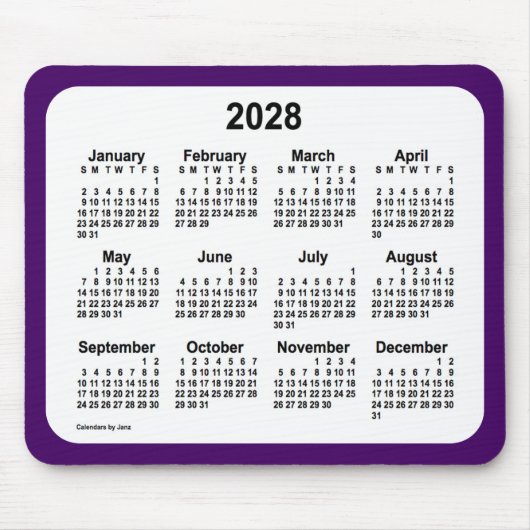 2028 Lila und weißer Kalender von Janz Two Tone Mousepad (Vorne)