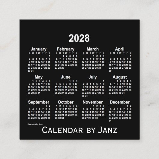 2028 Neon White Calendar von Janz Quadratische Visitenkarte (Vorderseite)