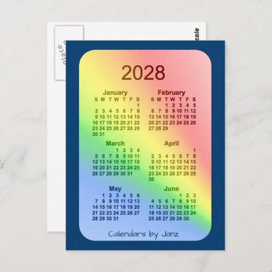 2028 Rainbow Blue 6 Month Mini Calendar by Janz Postkarte (Vorne/Hinten)