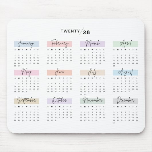 2028 VOLLES JAHR KALENDER PASTEL HANDSCHRIFTLICHE MOUSEPAD (Vorne)