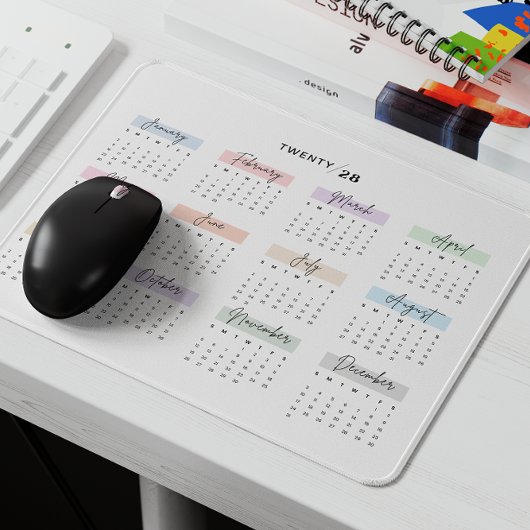 2028 VOLLES JAHR KALENDER PASTEL HANDSCHRIFTLICHE MOUSEPAD