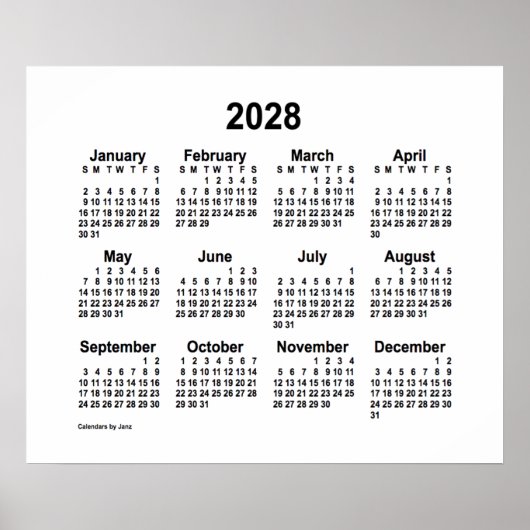 2028 Weißer Kalender von Janz Print Poster (Vorne)