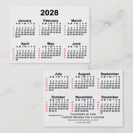 2028 White 52 Week Calendar by Janz Business Cards Visitenkarte (Vorne/Hinten)