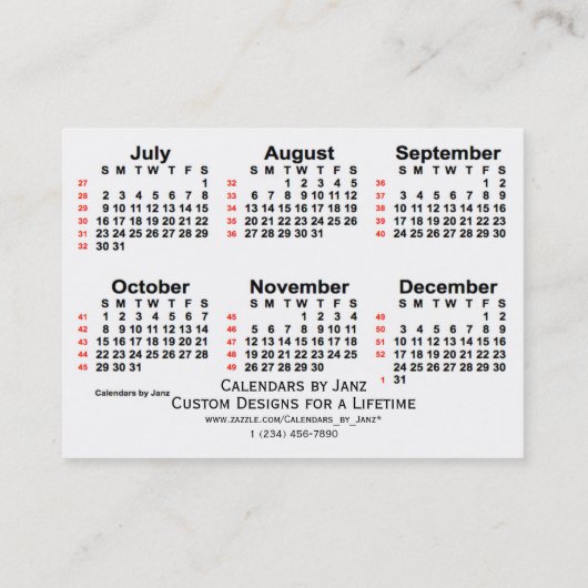 2028 White 52 Week Calendar by Janz Business Cards Visitenkarte (Rückseite)
