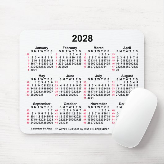 2028 White 52 Weeks ISO Calendar by Janz Mousepad (Mit Mouse)