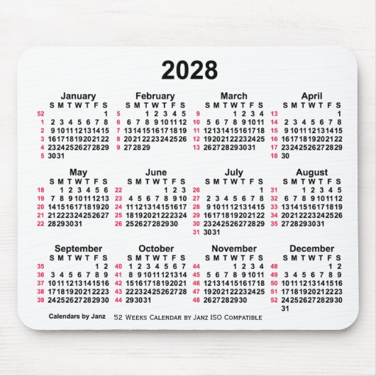 2028 White 52 Weeks ISO Calendar by Janz Mousepad (Vorne)