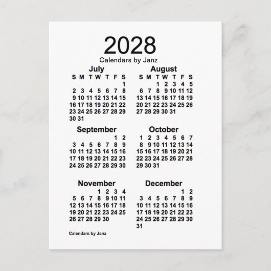 2028 White 6 Month Mini Kalender von Janz Postkarte (Vorderseite)