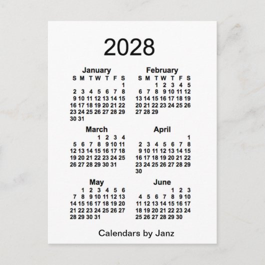 2028 White 6 Month Mini Kalender von Janz Postkarte (Vorderseite)