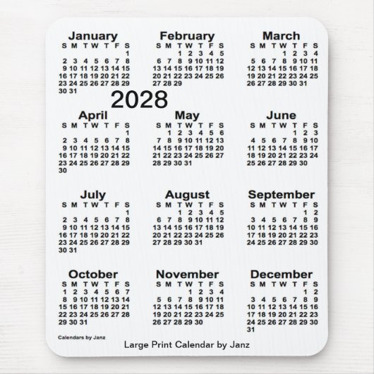2028 White Large Print Calendar von Janz Mousepad (Vorne)