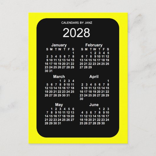 2028 Yellow Neon 6 Month Mini Calendar by Janz Postkarte (Vorderseite)