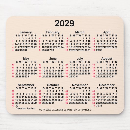 2029 Antik White 52 Weeks ISO Kalender von Janz Mousepad (Vorne)