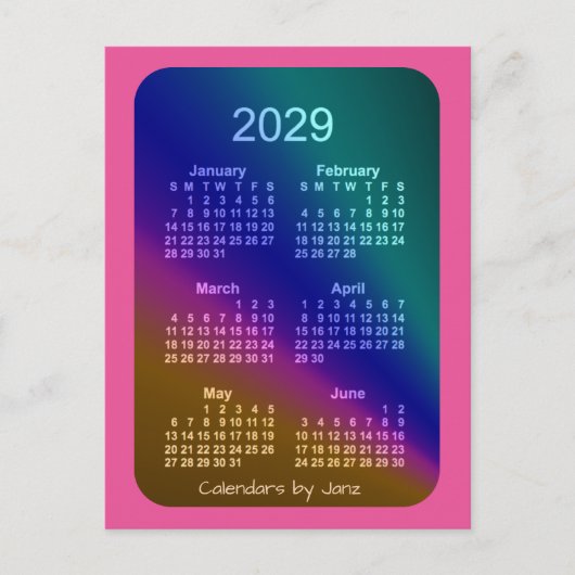 2029 Aurora Pink 6 Monat Mini Kalender von Janz Postkarte (Vorderseite)
