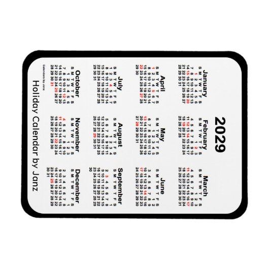 2029 Black Holiday Calendar von Janz Magnet (Horizontal)