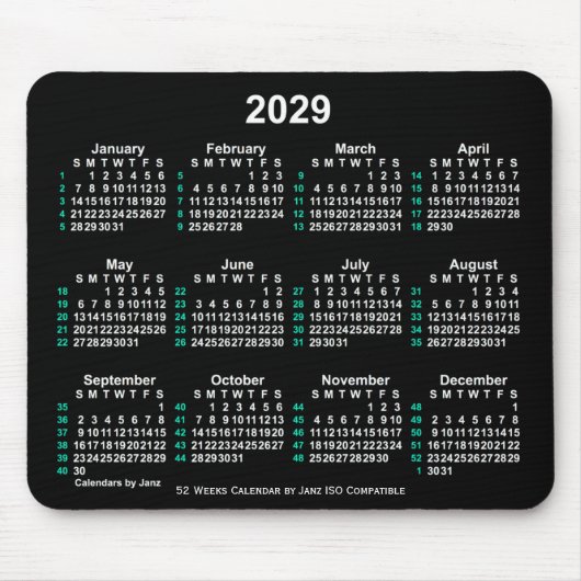 2029 Neon White 52 Weeks ISO Kalender von Janz Mousepad (Vorne)