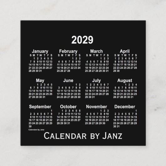 2029 Neon White Calendar von Janz Quadratische Visitenkarte (Vorderseite)